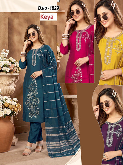 Design 1827-1829 Keya Roman Silk Readymade Pant Style Suits Wholesaler