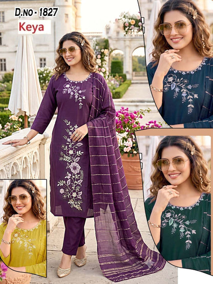 Design 1827-1829 Keya Roman Silk Readymade Pant Style Suits Wholesaler