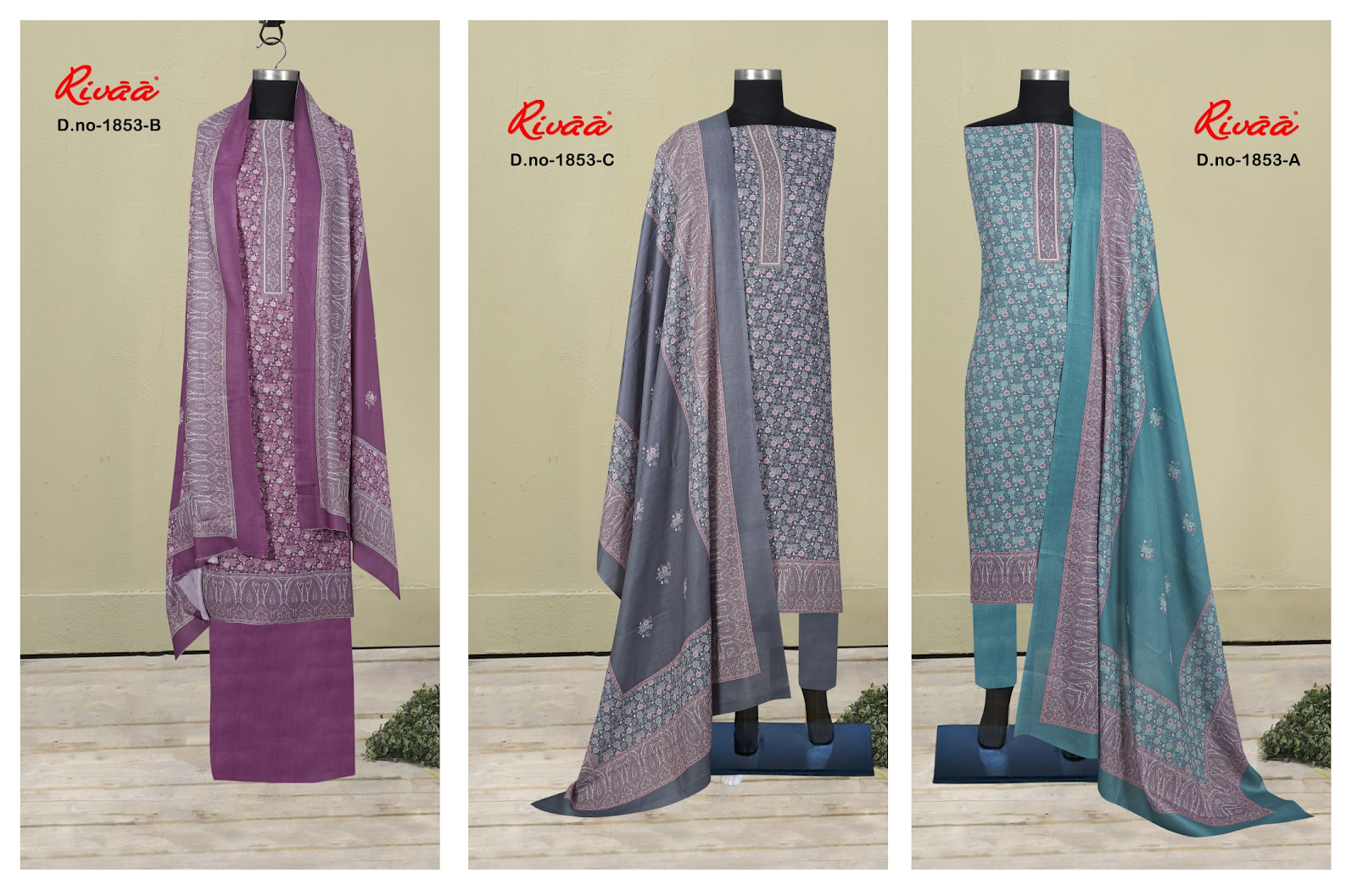 Design 1853 Rivaa Pashmina Suits Exporter