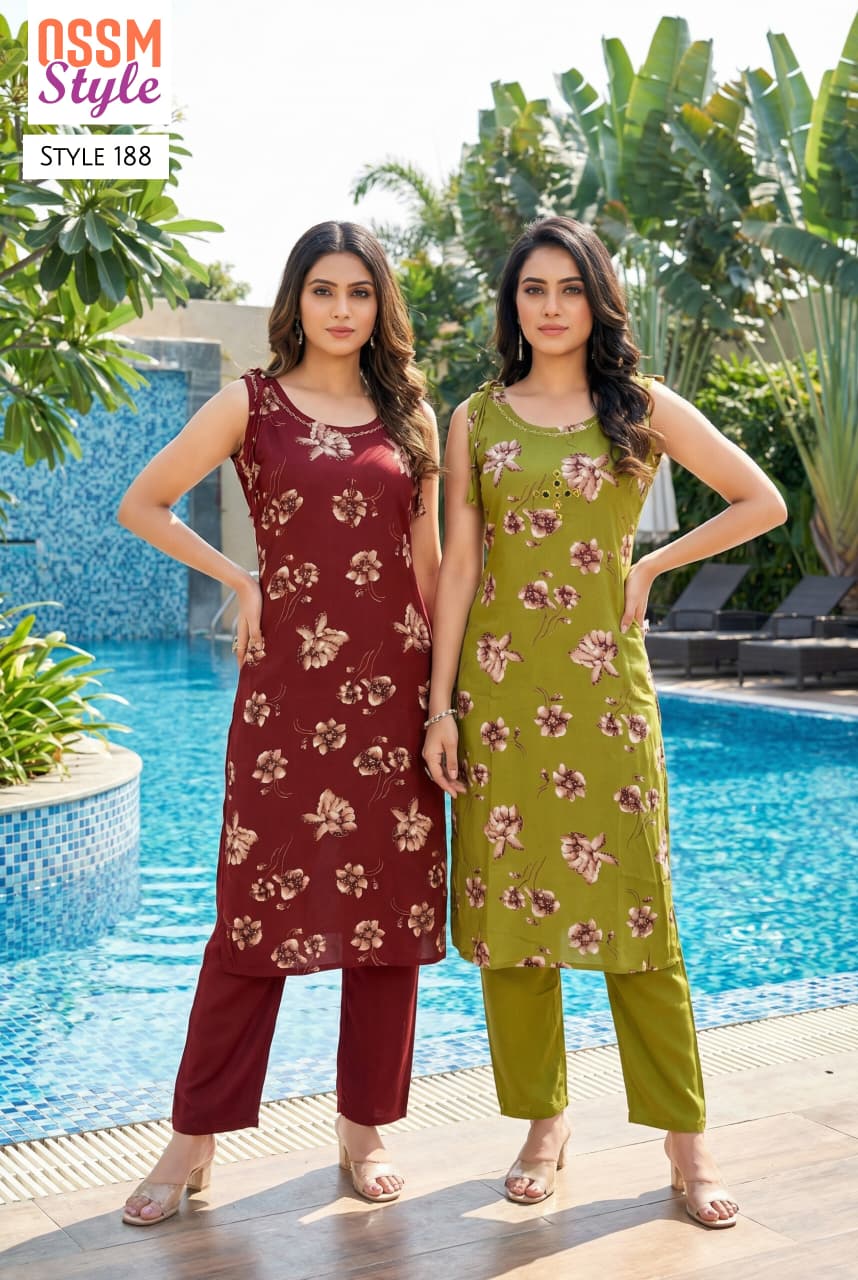 Design 187-88 And 211 Ossm Rayon 24Kg Co Ord Set Wholesale Price