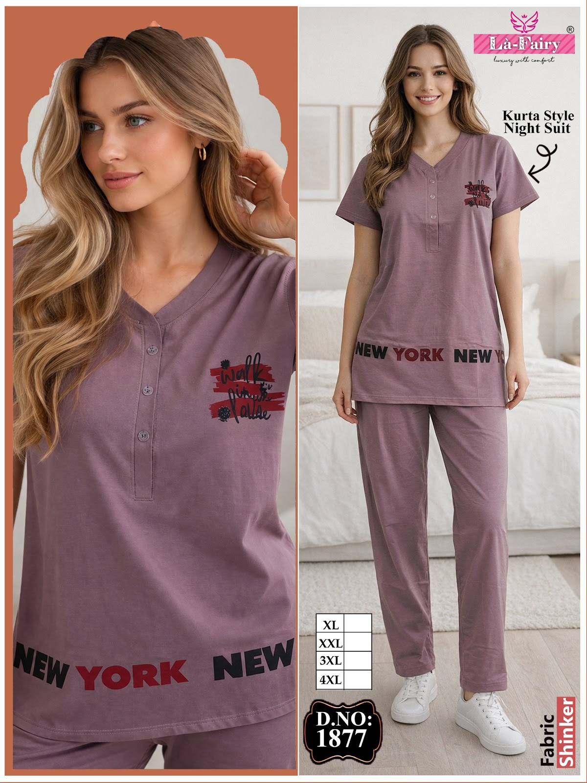 Design 1877 La Fairy Sinker Kurta Night Suits Wholesale Price