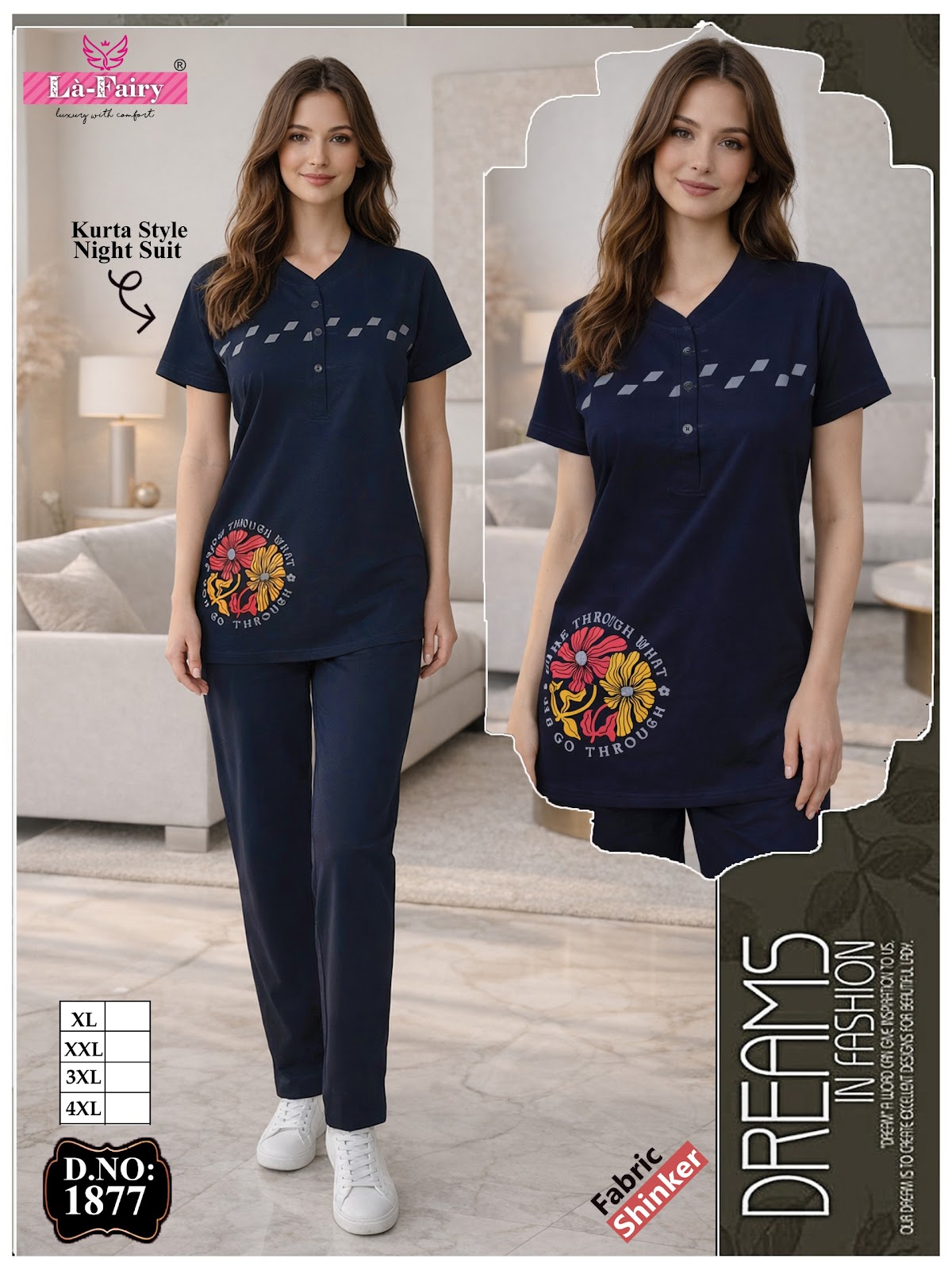 Design 1877 La Fairy Sinker Kurta Night Suits Wholesale Price