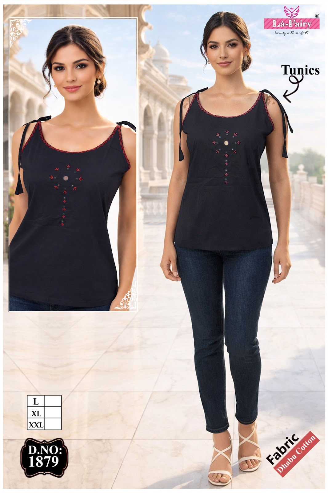 Design 1879 Sleeveless La Fairy Dhabu Cotton Fancy Tops Manufacturer India