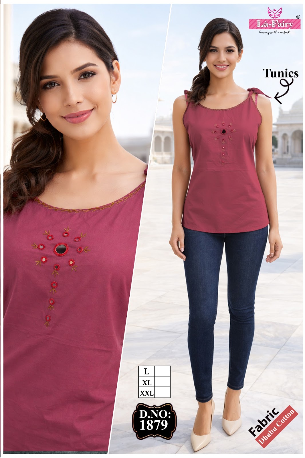 Design 1879 Sleeveless La Fairy Dhabu Cotton Fancy Tops Manufacturer India