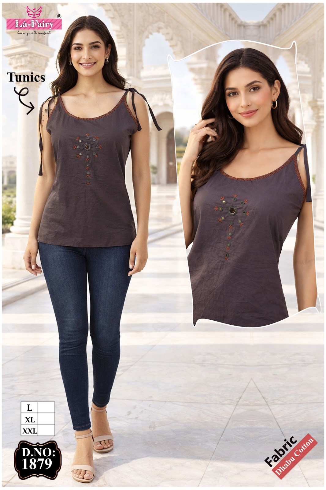 Design 1879 Sleeveless La Fairy Dhabu Cotton Fancy Tops Manufacturer India