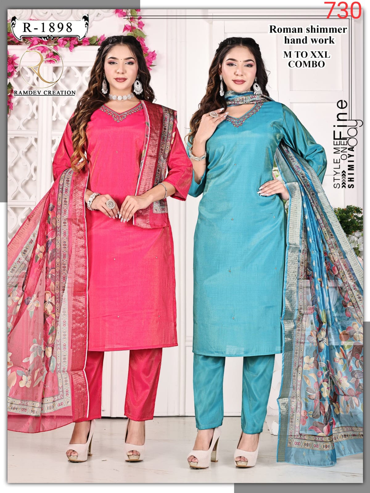 Design 1898-1901 Ramdev Creation Roman Simmer Readymade Pant Style Suits Manufacturer Ahmedabad