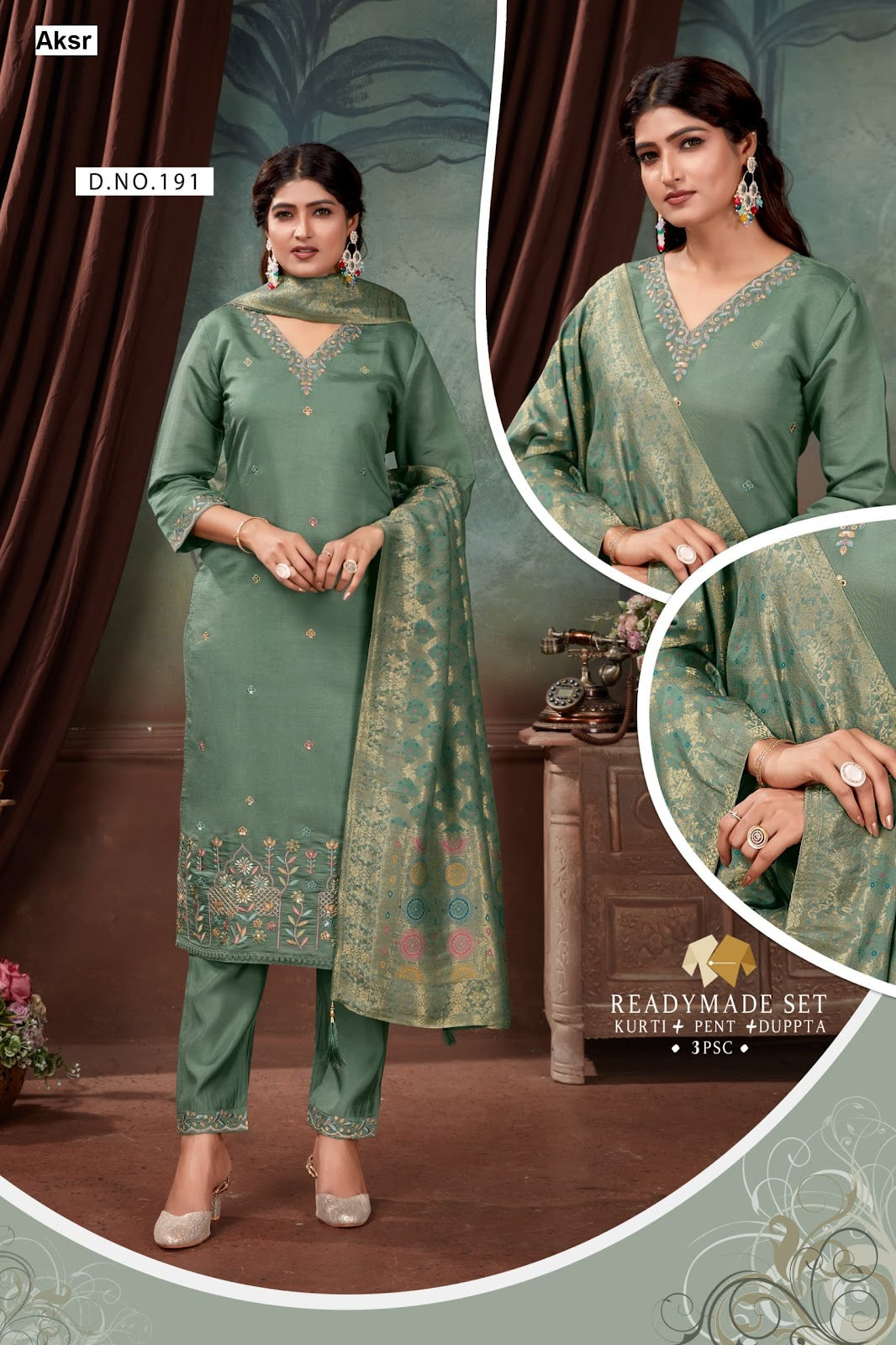 Design 190-191 Aksr Roman Silk Readymade Pant Style Suits Supplier Ahmedabad