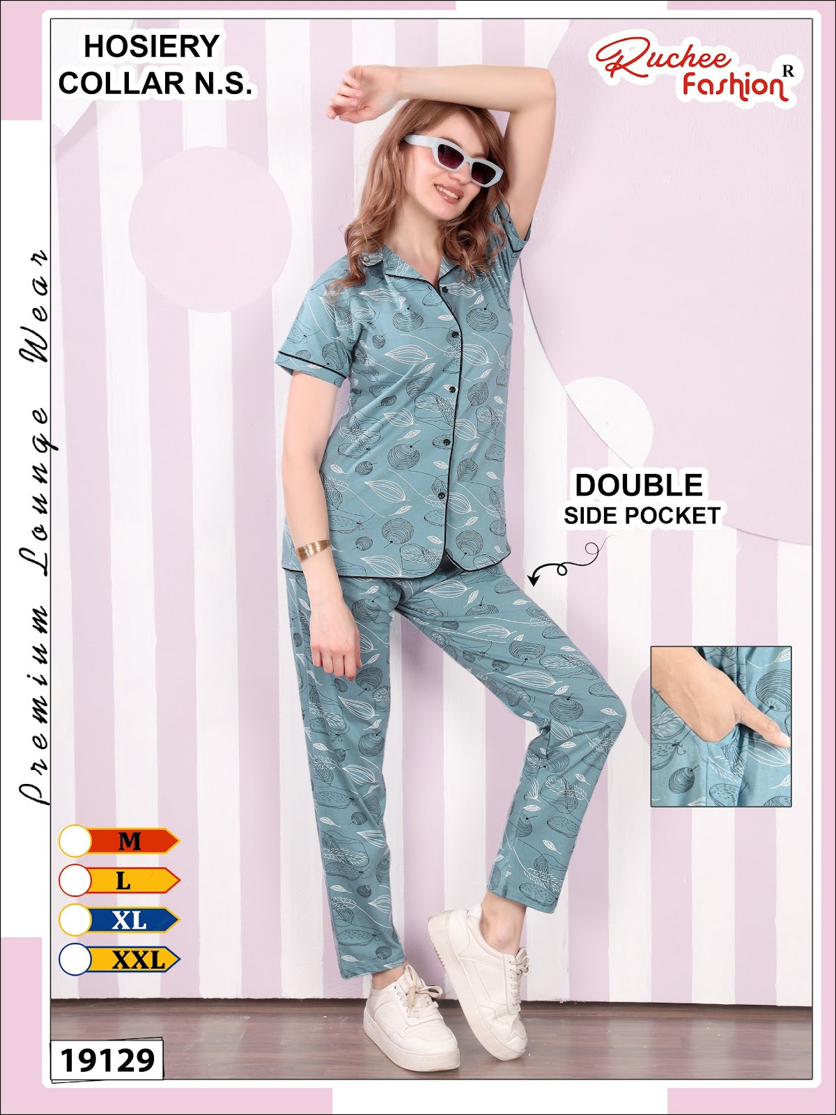 Design 19124 To 19129 Ruchee Fashion Hosiery Collar Night Suits Exporter India