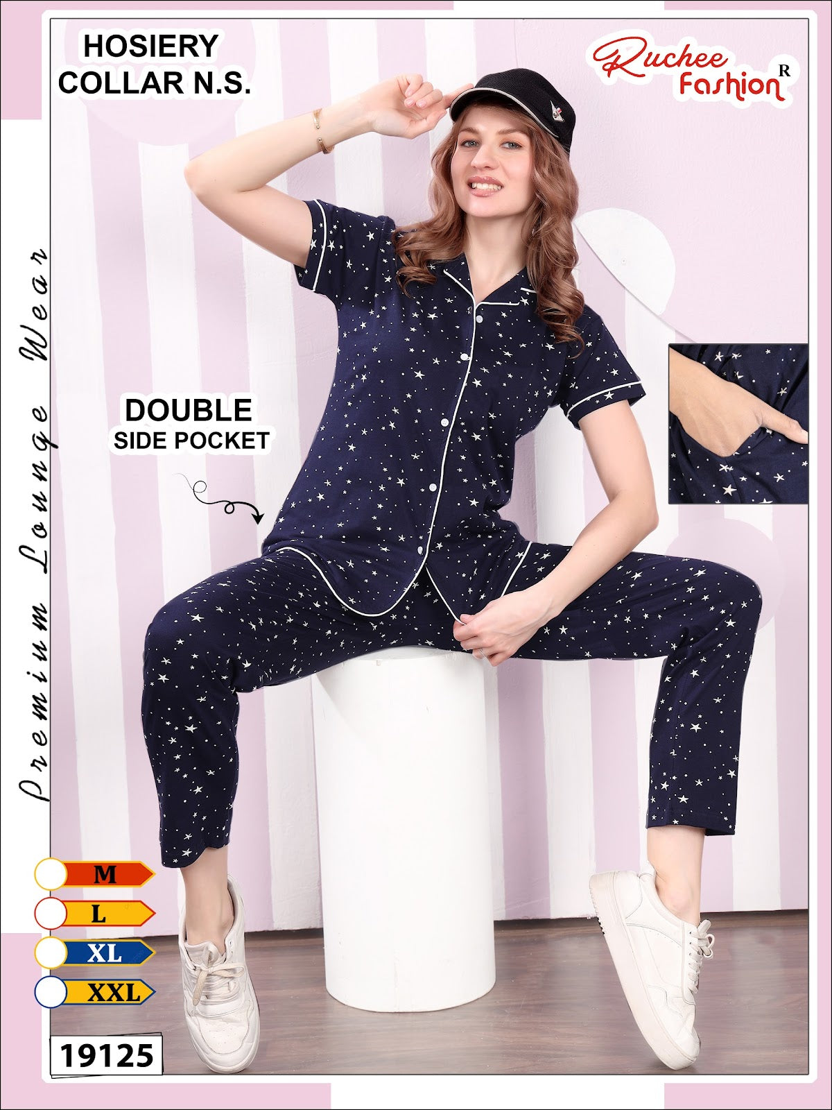 Design 19124 To 19129 Ruchee Fashion Hosiery Collar Night Suits Exporter India