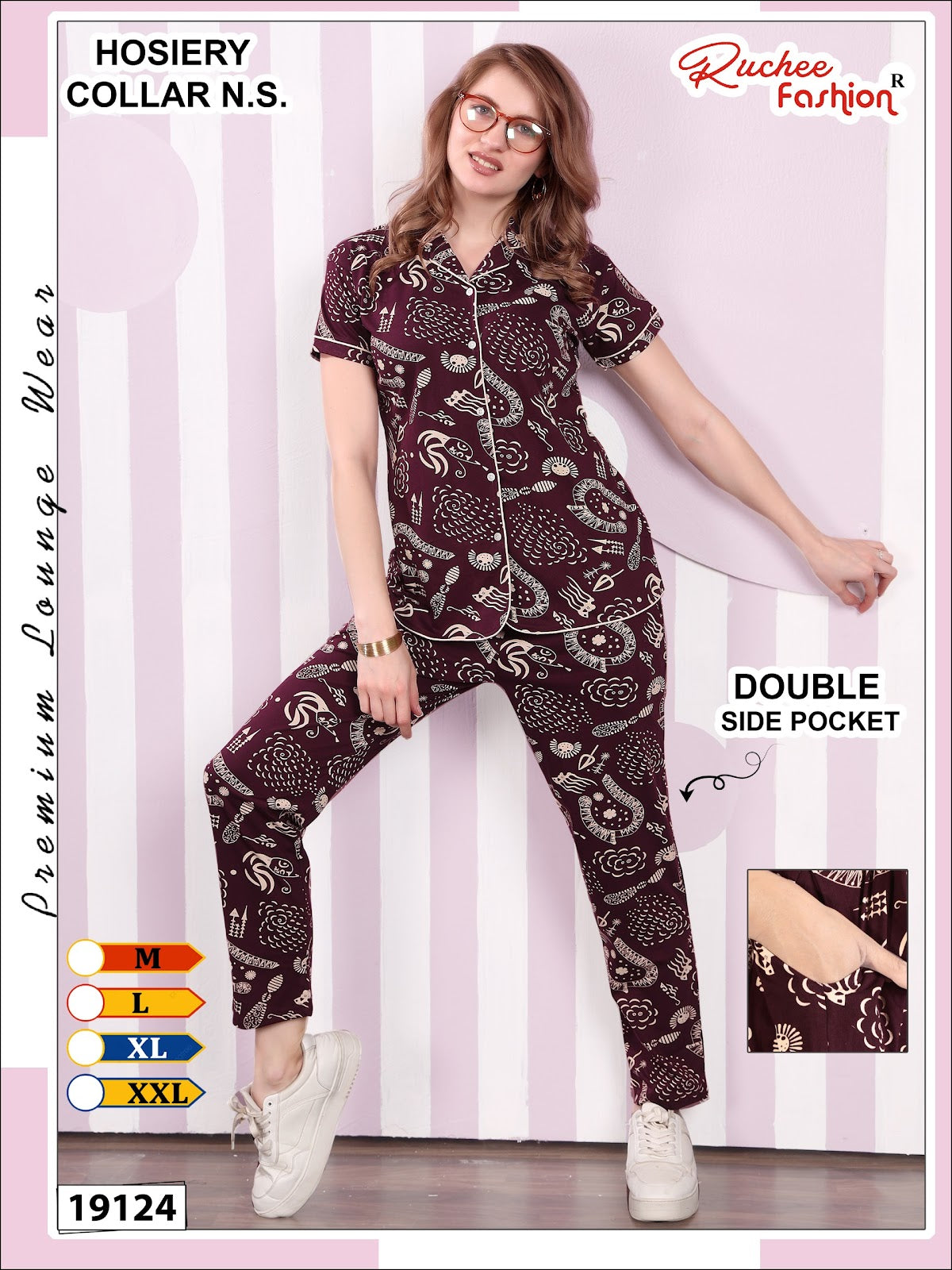 Design 19124 To 19129 Ruchee Fashion Hosiery Collar Night Suits Exporter India