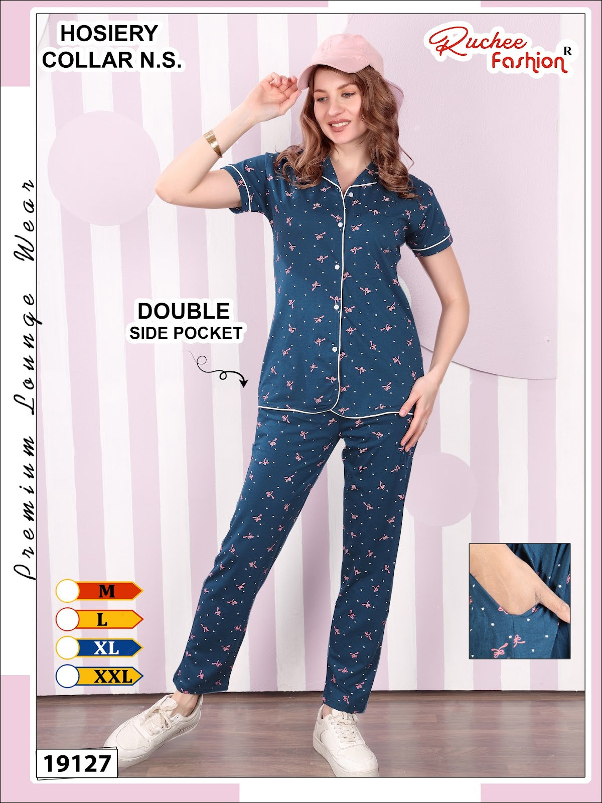 Design 19124 To 19129 Ruchee Fashion Hosiery Collar Night Suits Exporter India