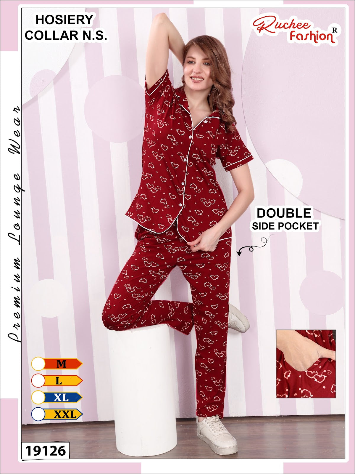 Design 19124 To 19129 Ruchee Fashion Hosiery Collar Night Suits Exporter India