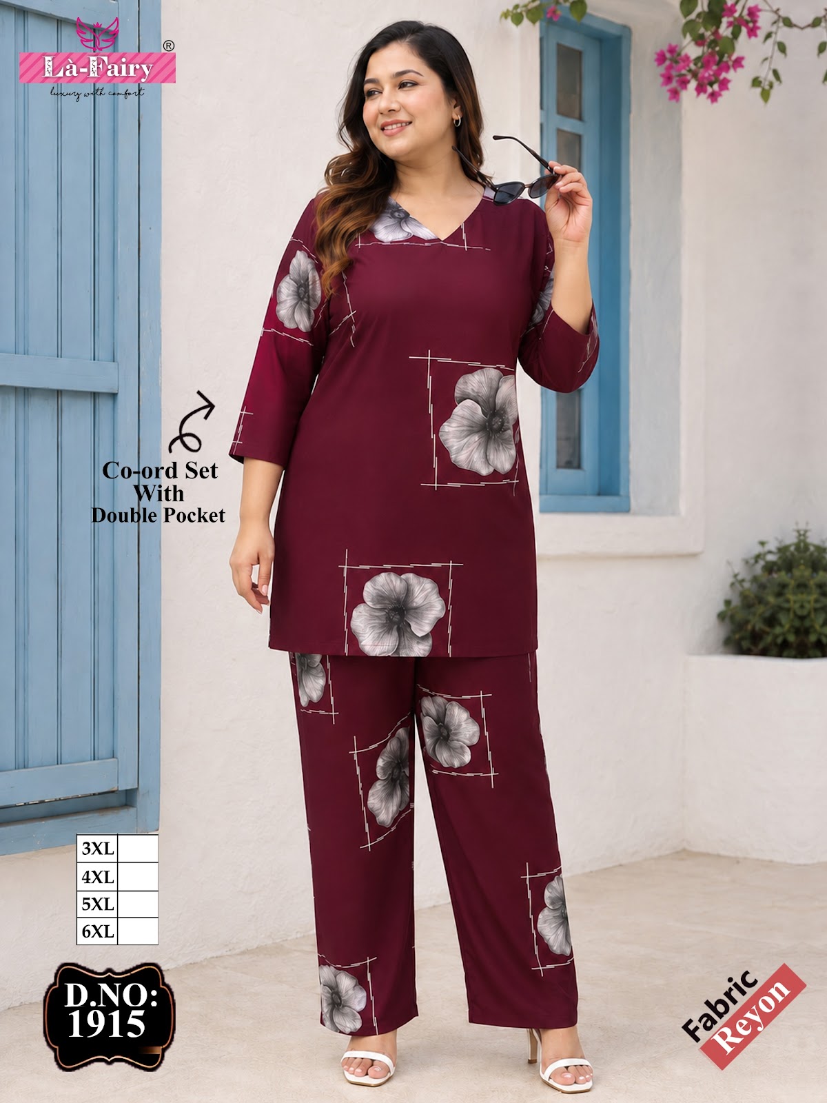 Design 1915 Plus Size La Fairy Rayon 22Kg Co Ord Set Exporter