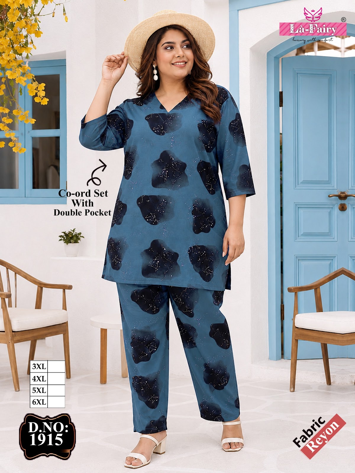 Design 1915 Plus Size La Fairy Rayon 22Kg Co Ord Set Exporter