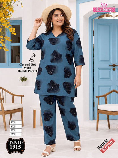 Design 1915 Plus Size La Fairy Rayon 22Kg Co Ord Set Exporter
