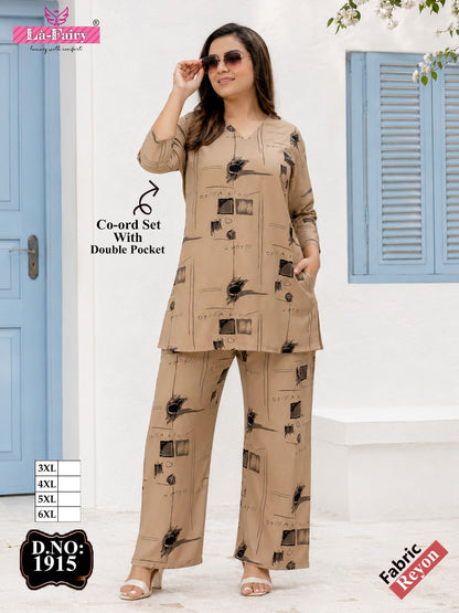 Design 1915 Plus Size La Fairy Rayon 22Kg Co Ord Set Exporter