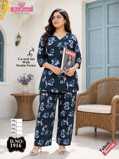 Design 1916 Plus Size La Fairy Rayon 22Kg Co Ord Set Wholesaler