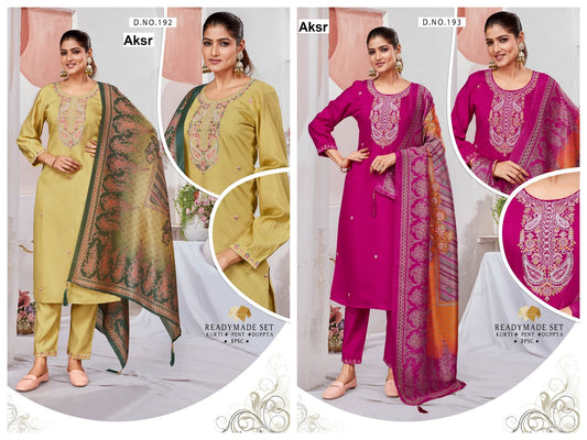 Design 192-193 Aksr Roman Silk Readymade Pant Style Suits Manufacturer Ahmedabad