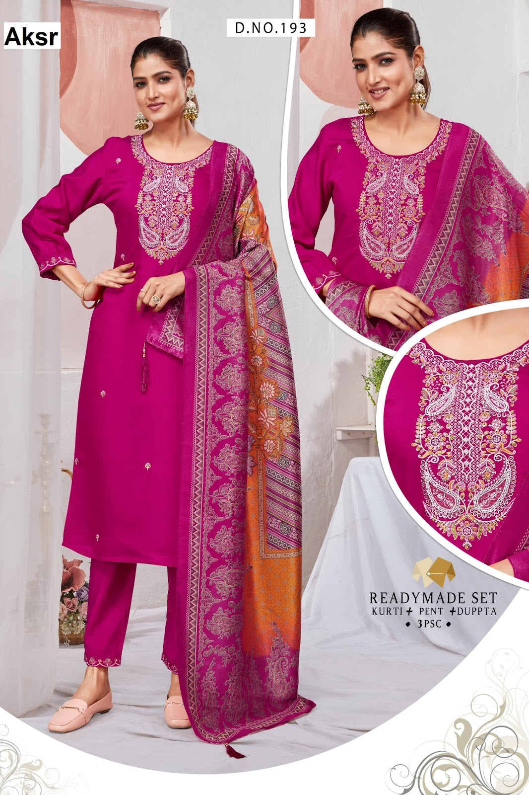 Design 192-193 Aksr Roman Silk Readymade Pant Style Suits Manufacturer Ahmedabad