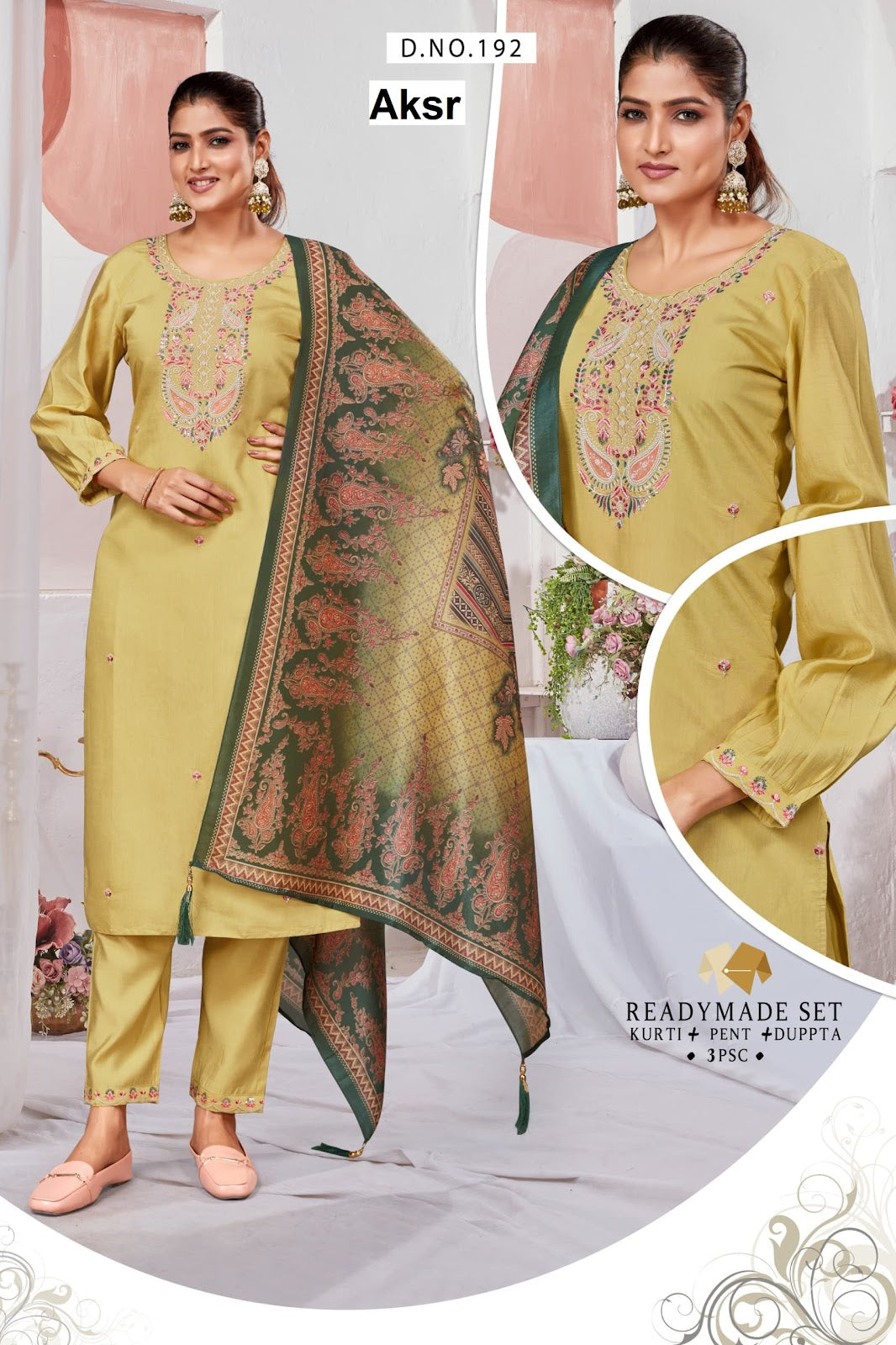 Design 192-193 Aksr Roman Silk Readymade Pant Style Suits Manufacturer Ahmedabad