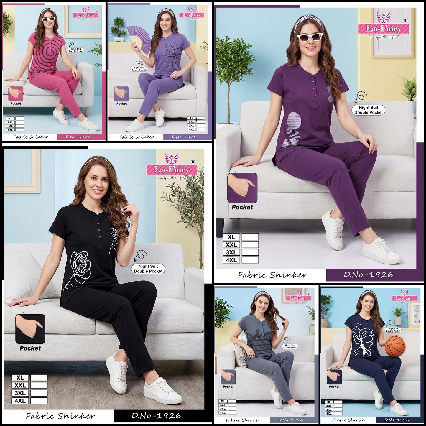 Design 1926 Double Pocket La Fairy Sinker Kurta Night Suits Supplier Gujarat