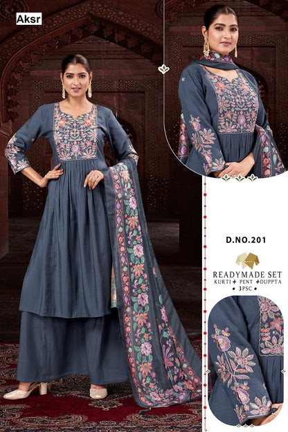 Design 200-201 Aksr Roman Silk Readymade Plazzo Style Suits Supplier India