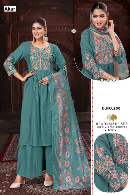 Design 200-201 Aksr Roman Silk Readymade Plazzo Style Suits Supplier India