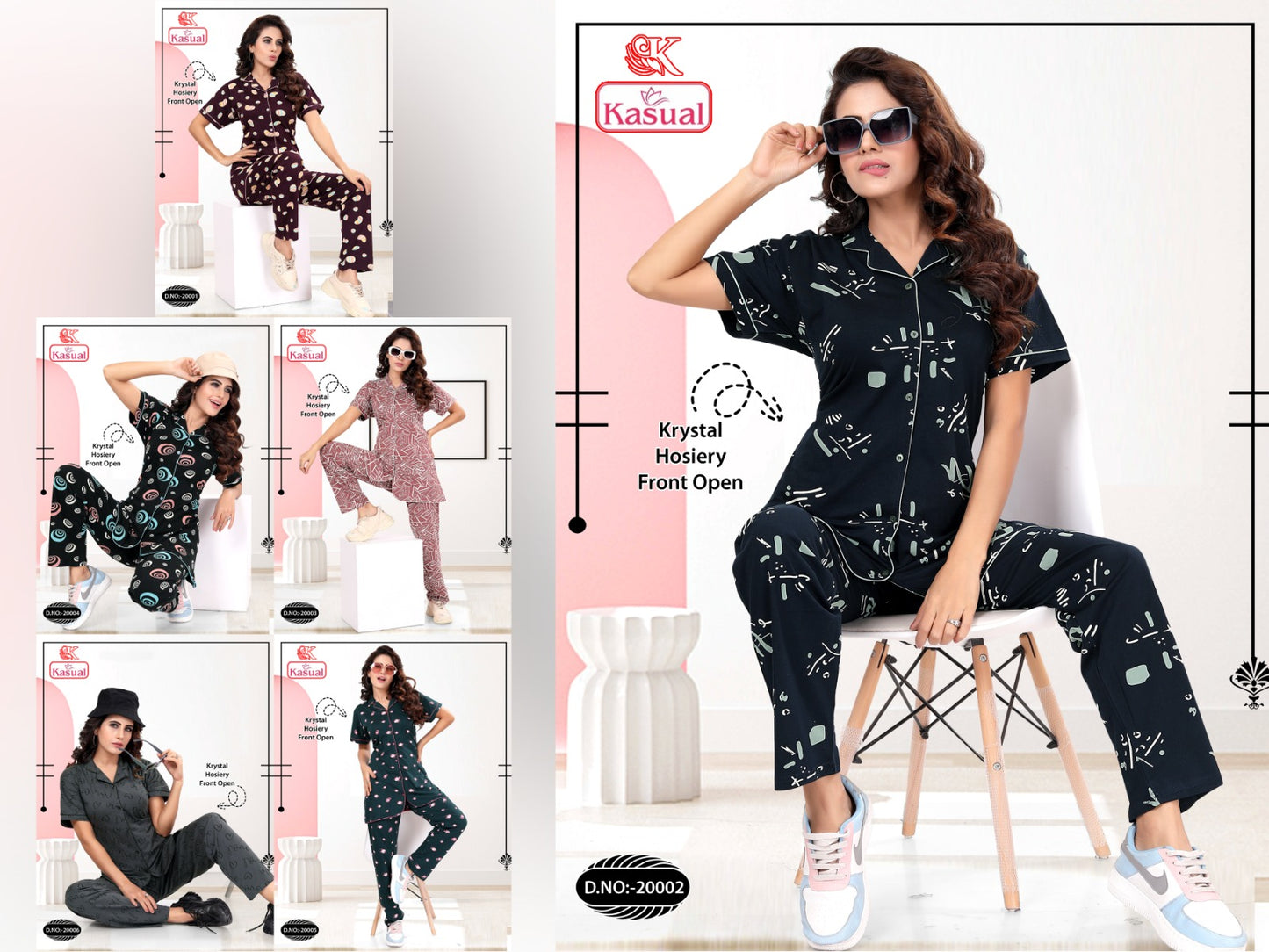 Design 20001-20006 Kasual Hosiery Collar Night Suits Wholesale Price