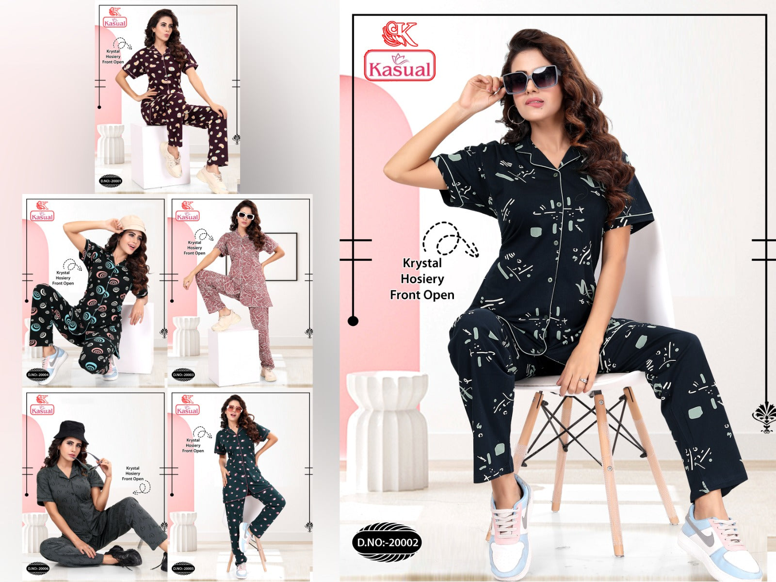 Design 20001-20006 Kasual Hosiery Collar Night Suits Wholesale Price