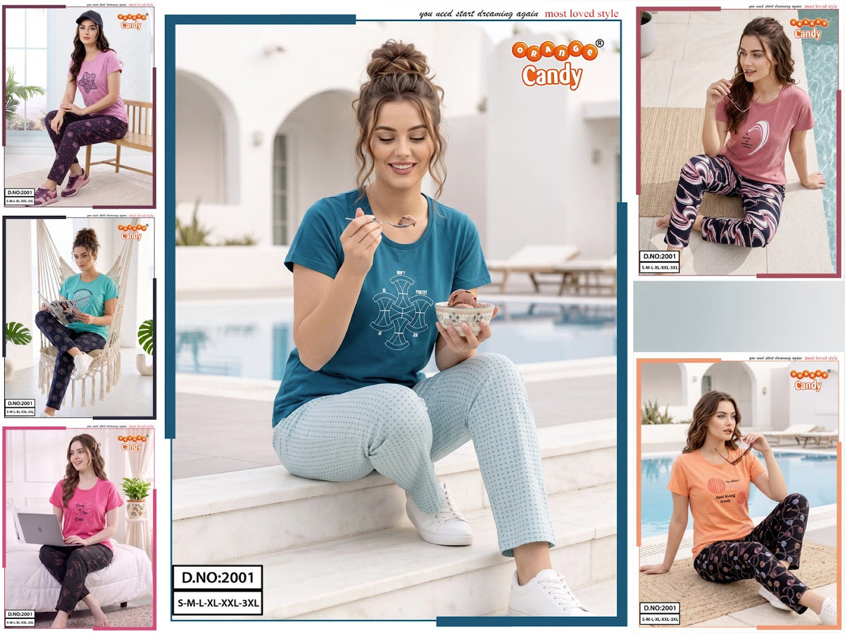 Design 2001 Orange Candy Pyjama Night Suits Exporter Ahmedabad