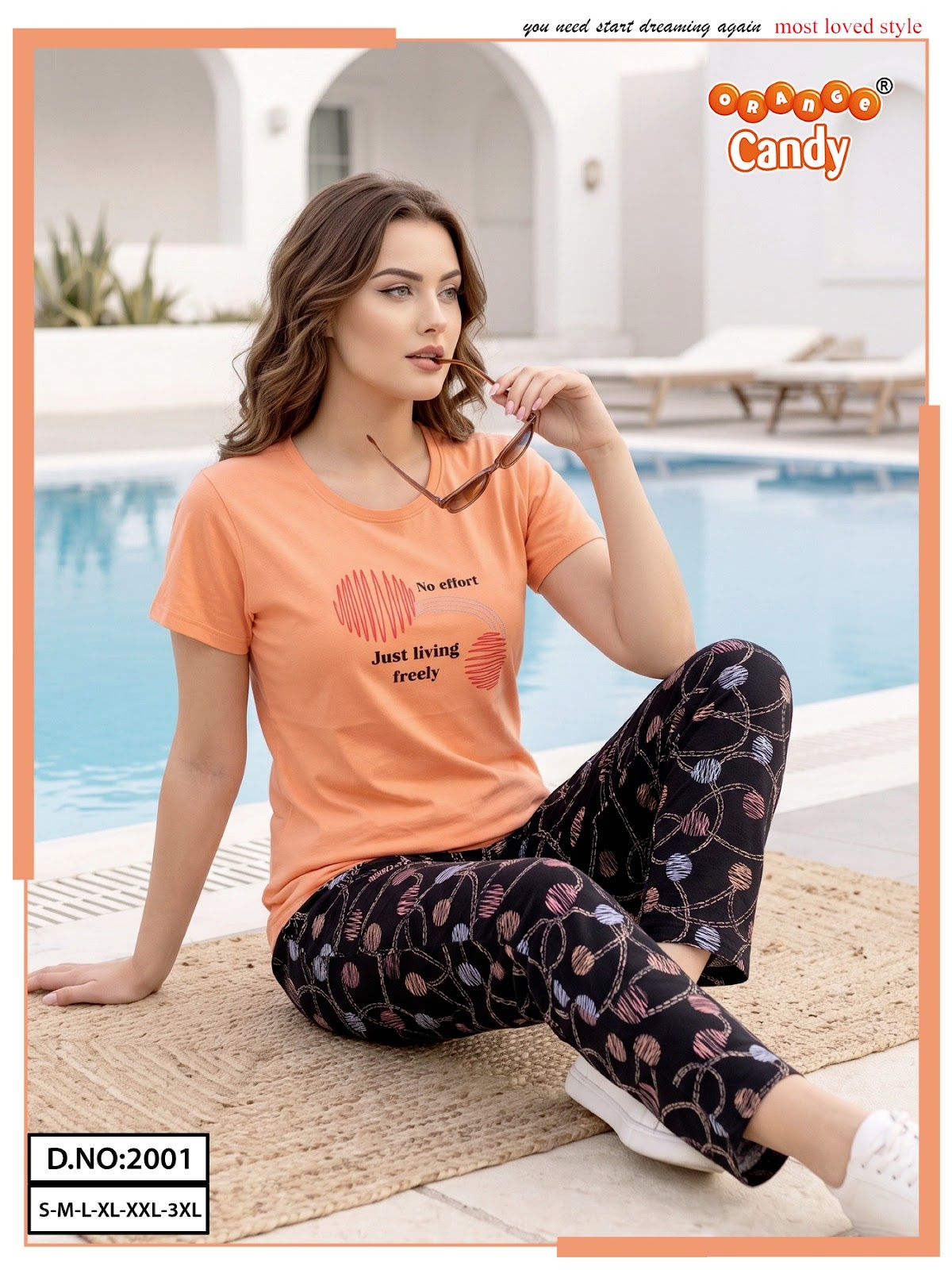 Design 2001 Orange Candy Pyjama Night Suits Exporter Ahmedabad