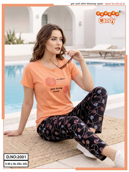 Design 2001 Orange Candy Pyjama Night Suits Exporter Ahmedabad