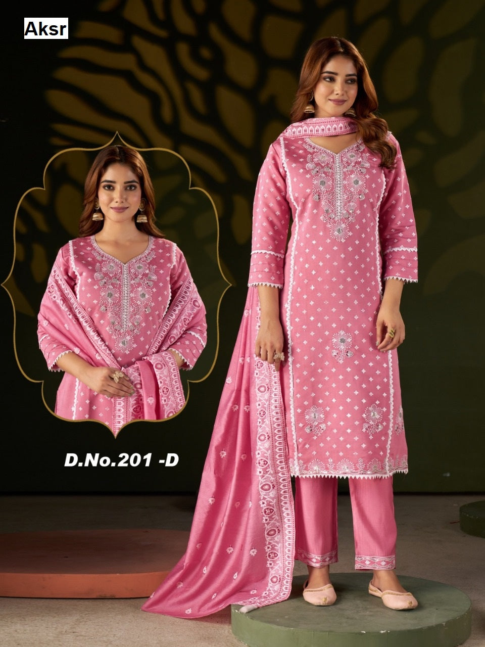 Design 201 Abcd Aksr Roman Silk Readymade Pant Style Suits Exporter