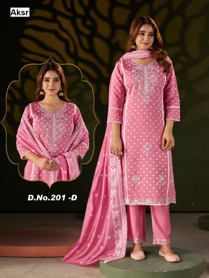 Design 201 Abcd Aksr Roman Silk Readymade Pant Style Suits Exporter