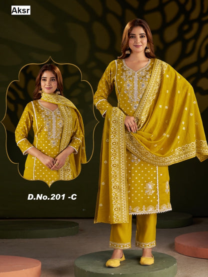 Design 201 Abcd Aksr Roman Silk Readymade Pant Style Suits Exporter