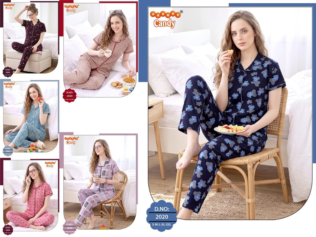 Design 2020 Orange Candy Cotton Collar Night Suits Manufacturer Gujarat
