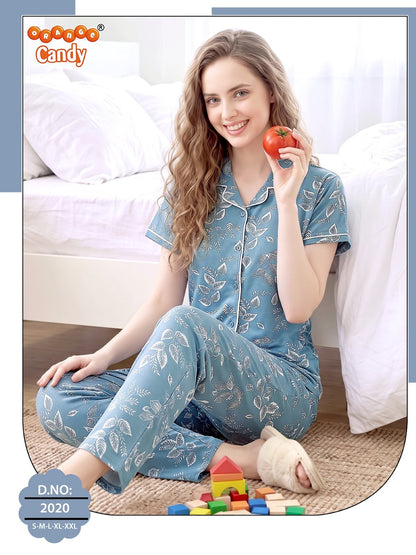 Design 2020 Orange Candy Cotton Collar Night Suits Manufacturer Gujarat
