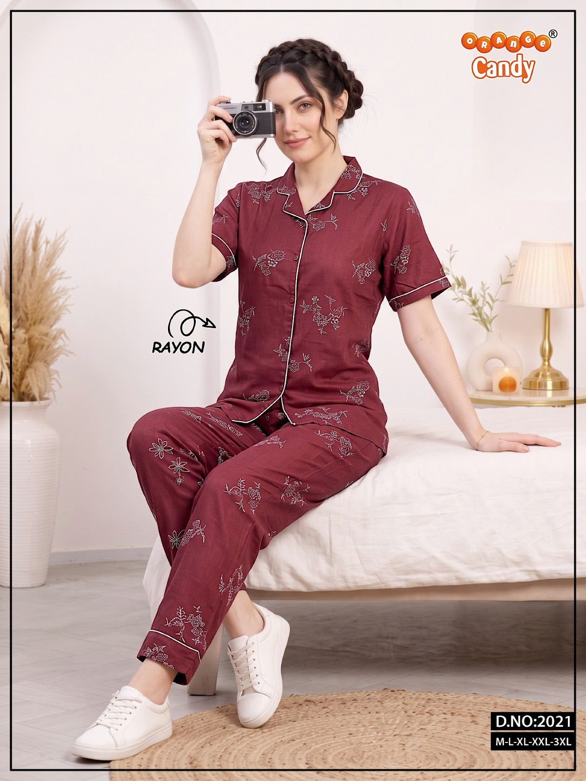 Design 2021 Orange Candy Rayon Collar Night Suits Exporter Gujarat