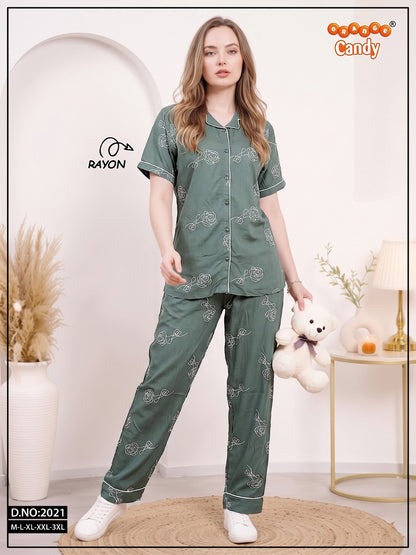 Design 2021 Orange Candy Rayon Collar Night Suits Exporter Gujarat