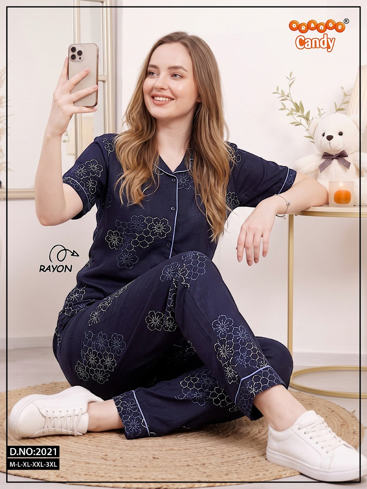 Design 2021 Orange Candy Rayon Collar Night Suits Exporter Gujarat