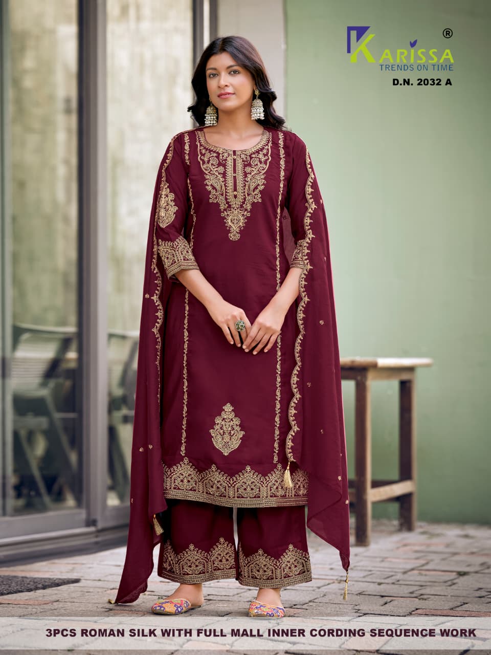 Design 2031-2032 Karissa Roman Silk Readymade Plazzo Style Suits Supplier Ahmedabad