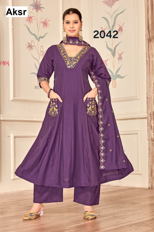 Design 2042 Aksr Roman Silk Readymade Anarkali Suits Exporter Gujarat