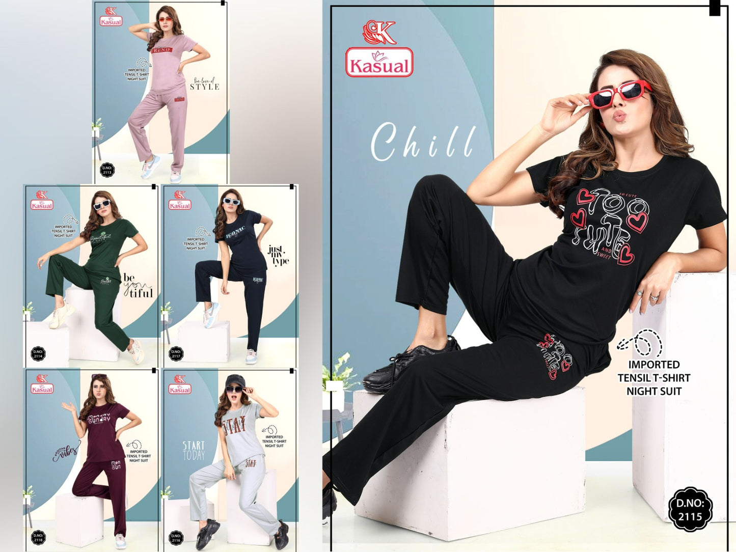 Design 2113-2118 Kasual Tencil Pyjama Night Suits Manufacturer Ahmedabad