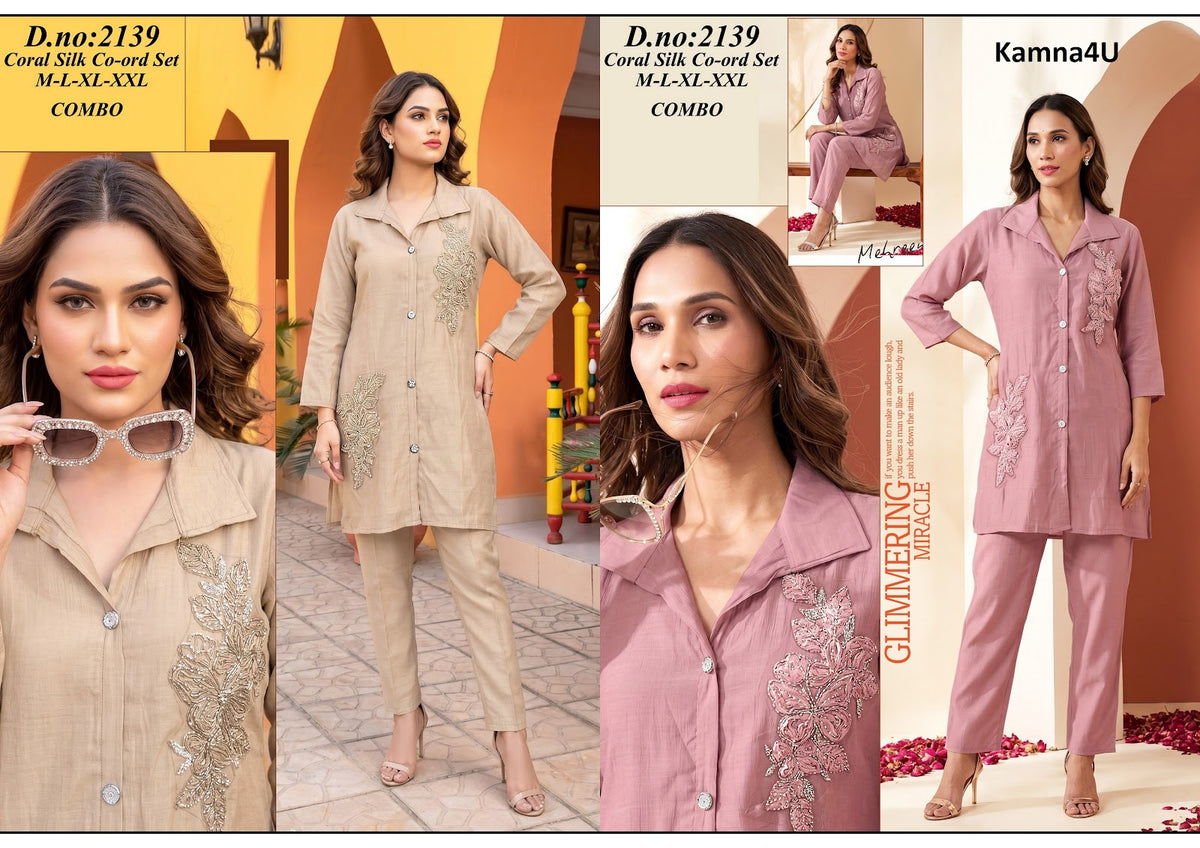 Design 2139 Kamna4U Coral Silk Co Ord Set Supplier Gujarat