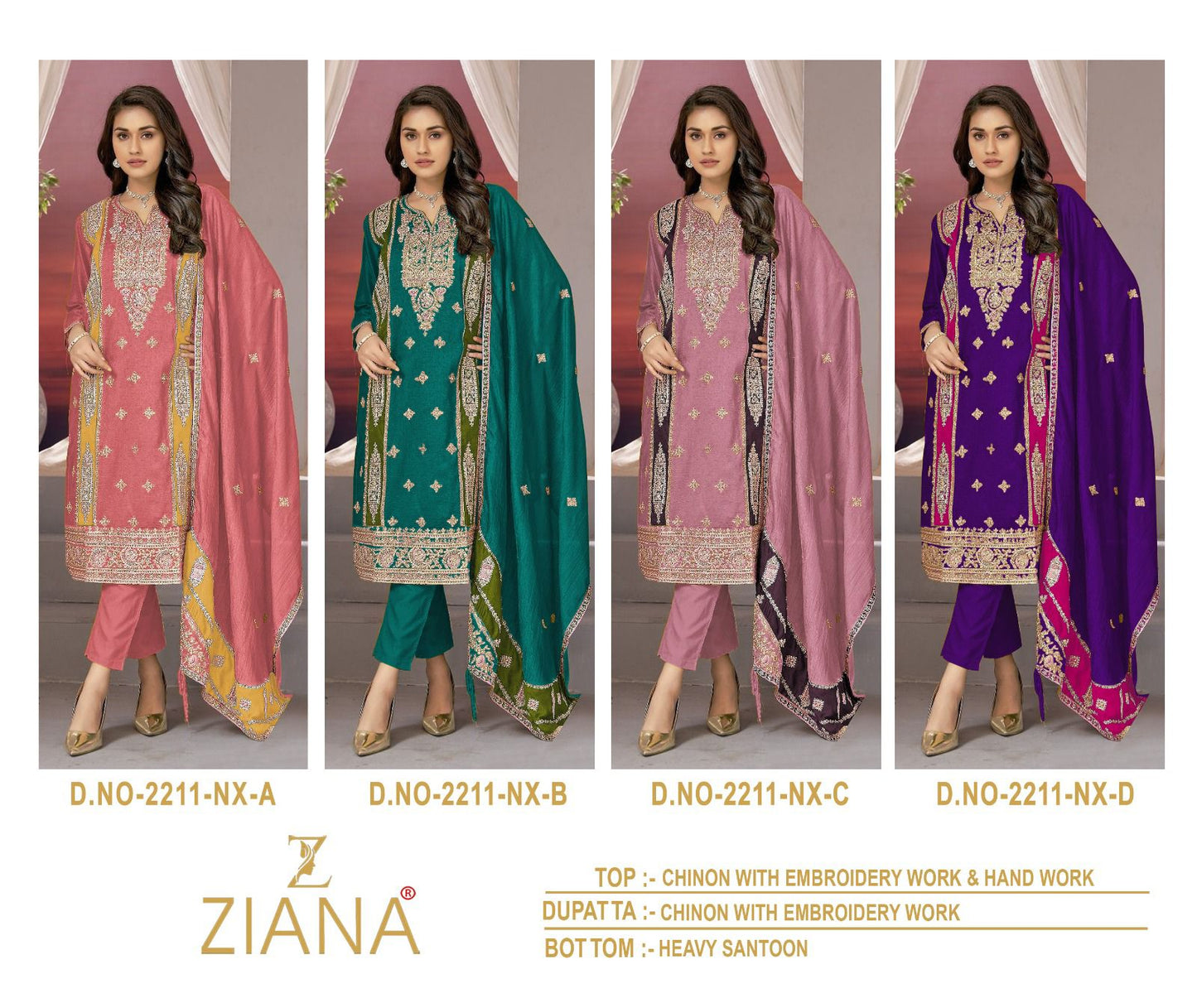 Design 2211 Nx Abcd Ziana Chinon Pakistani Salwar Suits Wholesale Rate