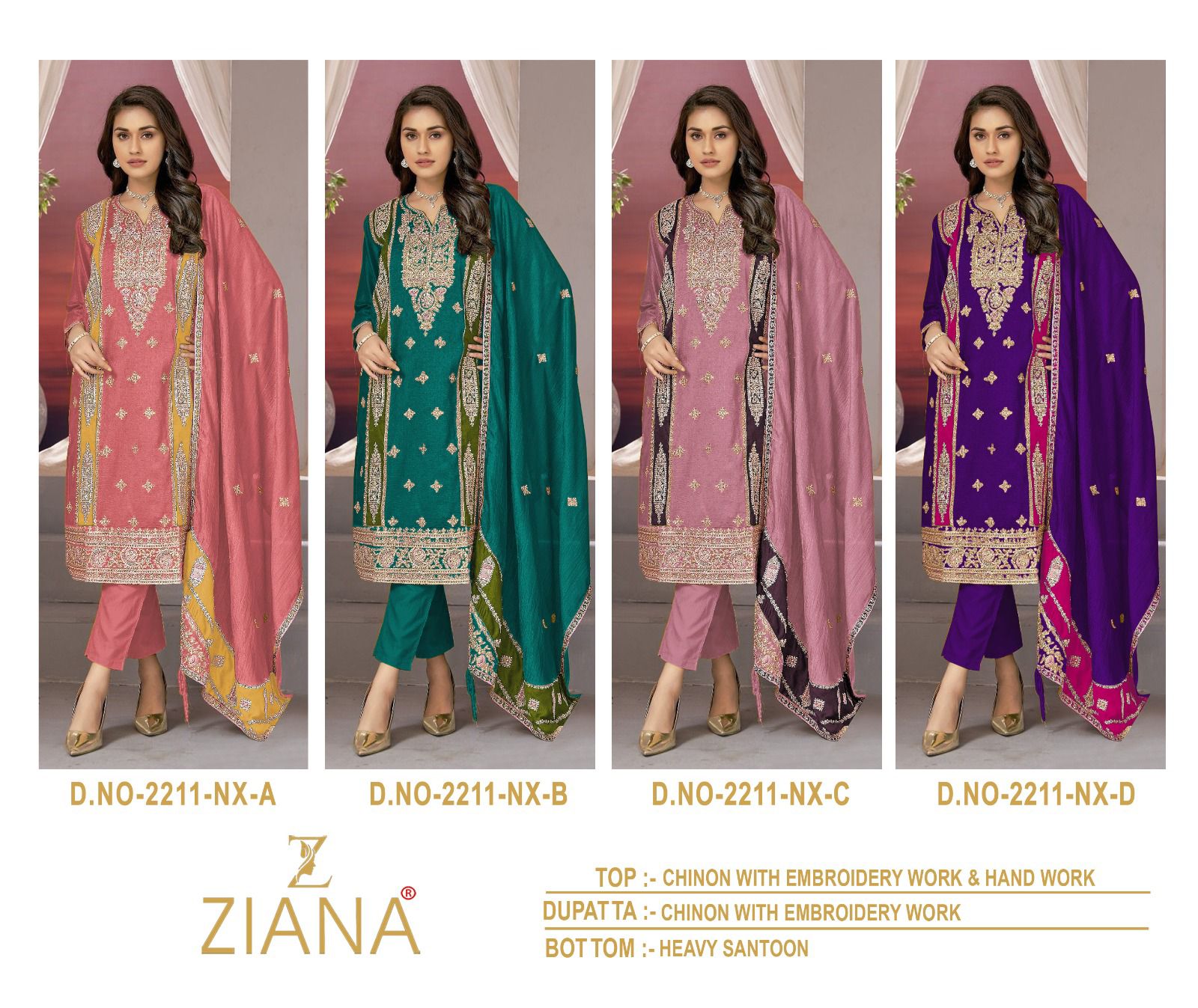 Design 2211 Nx Abcd Ziana Chinon Pakistani Salwar Suits Wholesale Rate