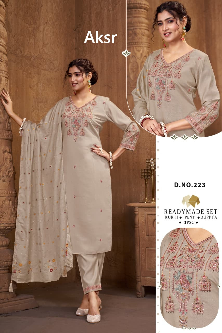 Design 223-224 Aksr Roman Silk Readymade Pant Style Suits Supplier India