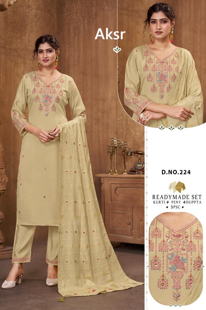 Design 223-224 Aksr Roman Silk Readymade Pant Style Suits Supplier India