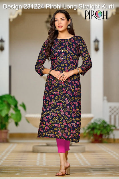 Design 231224 Pirohi Rayon Foil Long Straight Kurti Manufacturer Ahmedabad