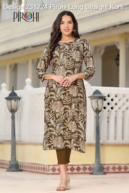 Design 231224 Pirohi Rayon Foil Long Straight Kurti Manufacturer Ahmedabad